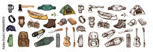 Hand drawn vintage sketch of camping and hiking gear set in color and monochrome version, isolated vector illustration