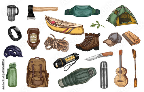 Hand drawn vintage sketch of colorful camping and hiking equipment set in color version, isolated vector illustration
