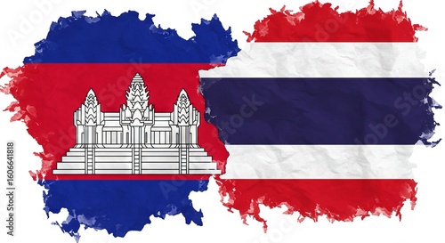 Cambodia and Thailand Flags: A visual representation of the flags of Cambodia and Thailand, intertwined with each other, depicting unity and a blend of cultures.