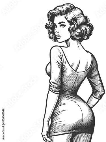 confident woman in a fitted dress, looking over her shoulder with a glamorous expression sketch engraving generative ai fictional character vector illustration. Scratch board. Black and white image.