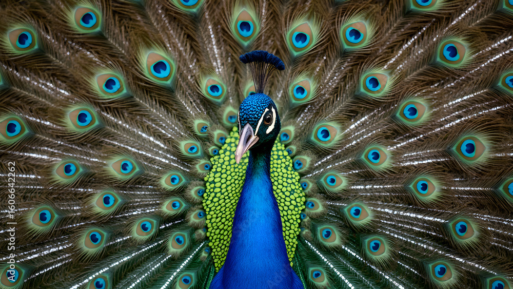Obraz premium Peacock feathers vibrant display. Ultra realistic peacock feathers fanned out. Stunning peacock feather images. Nature’s beauty in peacock feathers.