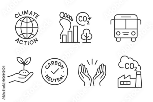 Climate action icons: carbon neutrality, emission reduction, sustainability