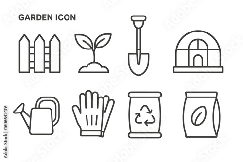 Simple garden icons: tools, greenhouse, fencing, seed packet, watering can