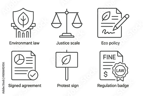 Environment law icons: justice scale, eco policy, signed agreement, protest sign, regulation badge