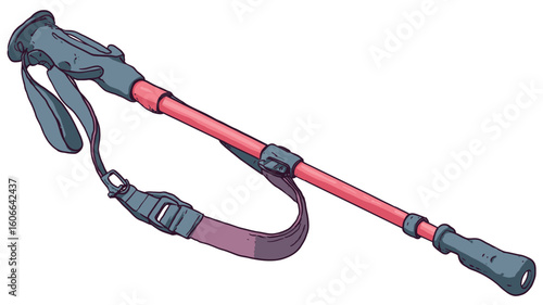 A digital illustration of a single trekking pole with an attached wrist strap. The pole is primarily red/pink, with dark grey/black accents at the top and bottom. The wrist strap is a darker