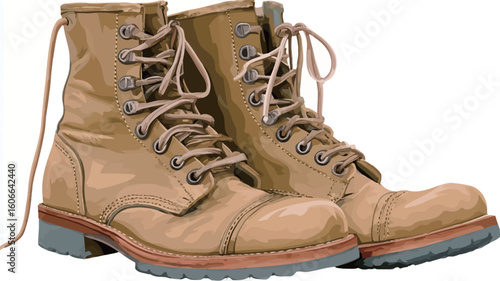 A studio shot depicting a pair of tan leather lace-up boots. The boots are positioned slightly angled, showing both sides.  They appear to be made of worn, textured leather with visible stitching