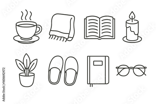 Cozy home essentials icons: coffee, blanket, book, candle, plant, slippers, journal, glasses