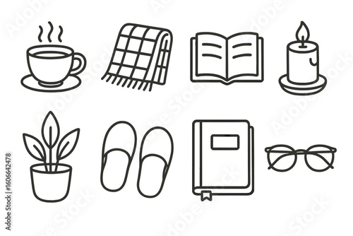 Cozy essentials: coffee, blanket, book, candle, plant, slippers, journal, glasses