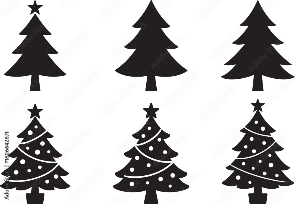 Fototapeta premium Stylish christmas tree set in flat black festive bundle Silhouette Vector and illustration collection 