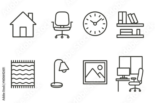 Minimalist home office icons set featuring furniture and decor