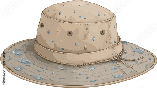 A digital illustration of a beige wide-brimmed hat with water droplets depicted on its surface. The hat has a slightly darker band around the crown and a lighter colored brim with subtle shading
