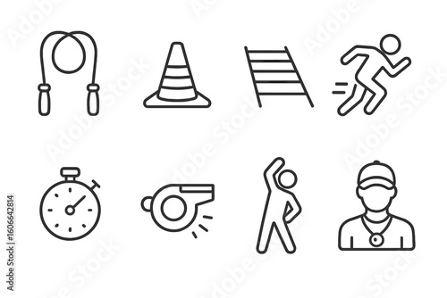Fitness equipment icons: jump rope, cone, ladder, stopwatch, whistle, coach