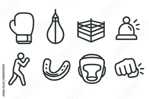 Boxing equipment and training icons with glove, punching bag, ring, bell, and headgear