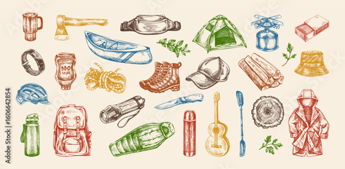 Hand drawn vintage sketch of colorful camping gear and hiking equipment set in retro line style, isolated vector