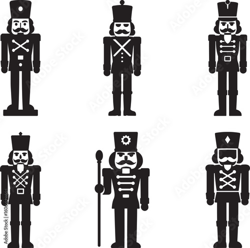 Traditional nutcracker soldier set in flat black bundle style Silhouette Vector and illustration artwork