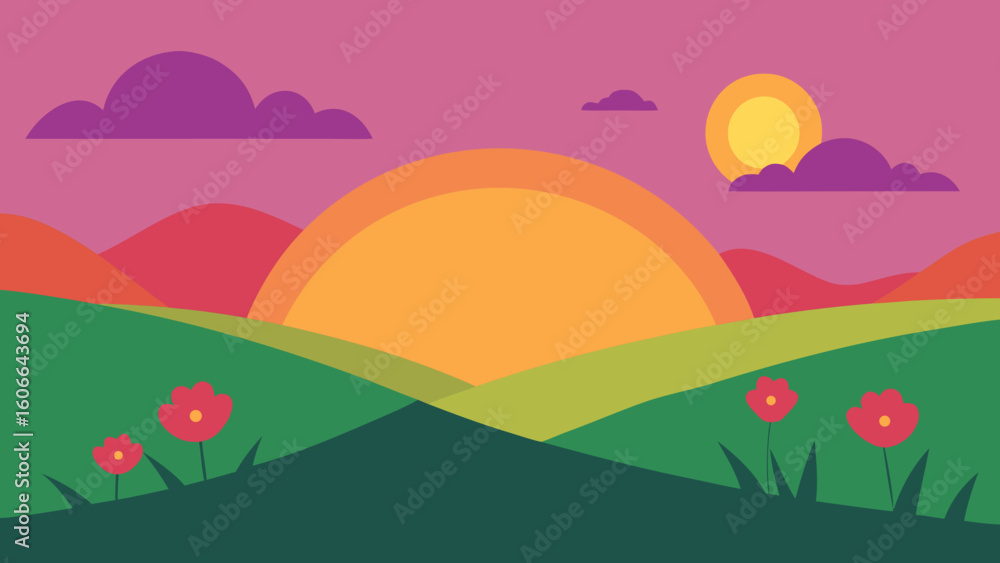 Fototapeta premium Sunset Glow Behind Hills and Meadow Flowers