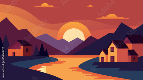 Riverside Village at Peaceful Sunset Hour