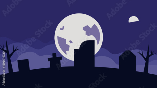 Graveyard With Broken Tombstones and Full Moon