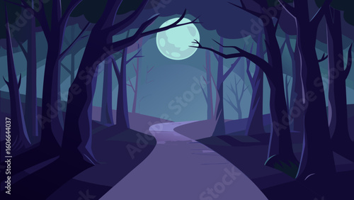 Haunted Forest Path With Glowing Full Moon