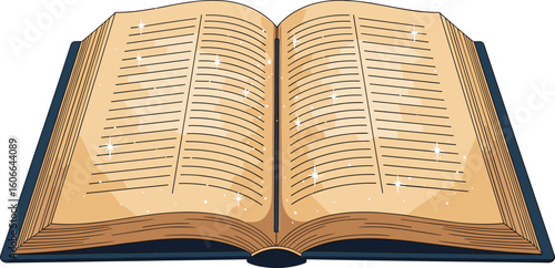 Open Vintage Book with Blank Pages and Sparkles, Magical Storytelling Element, Education and Knowledge Symbol, Fantasy and Learning Vector Illustration.