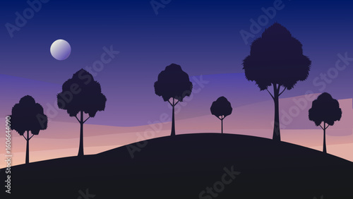 Hilltop Trees in Silhouette With Evening Sky