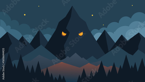 Spooky Mountain Landscape with Glowing Eyes