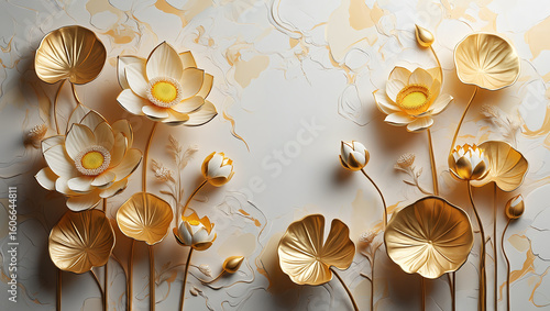 Luxurious floral arrangement with elegant white and gold lotus flowers on a sophisticated marble background, creating a beautiful decorative frame