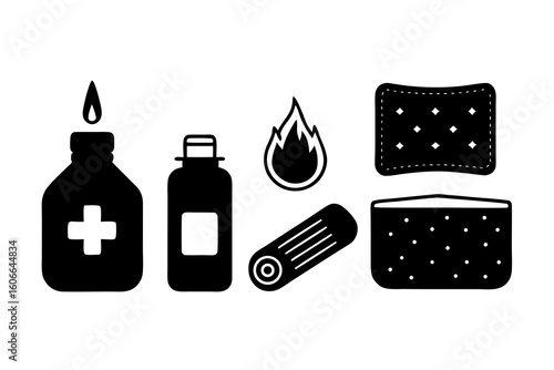 Medical supplies and fire safety icons
