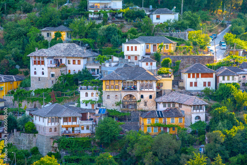 The old castle and fortress of Gjirokaster or Gjirokastra in Southern Albania. Old town is a UNESCO World Heritage Site. Closeup of Architectural Buildings.