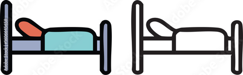 Two simple pictograms of a person resting in a hospital bed, one colored and one a black outline.