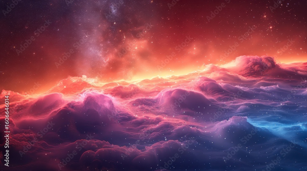 Fototapeta premium Cosmic landscape with nebula-like clouds, colored red, orange, pink, and blue, illuminated by stars
