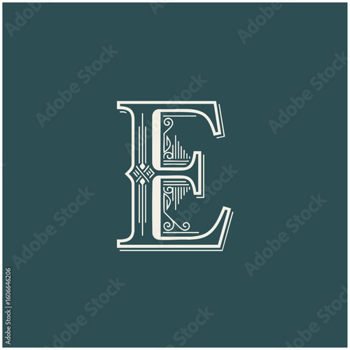 A "E" monogram vintage fashion typography logo, text, ornament, baroque style, design, alphabet	
