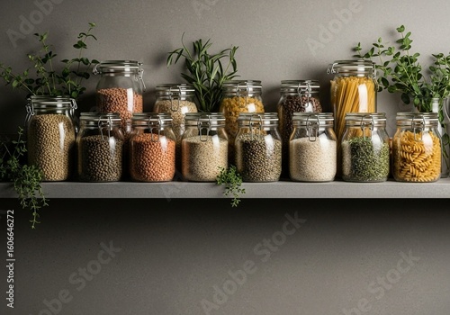 Assorted dry goods in glass jars, illustrating sustainable food preparation and pantry organization