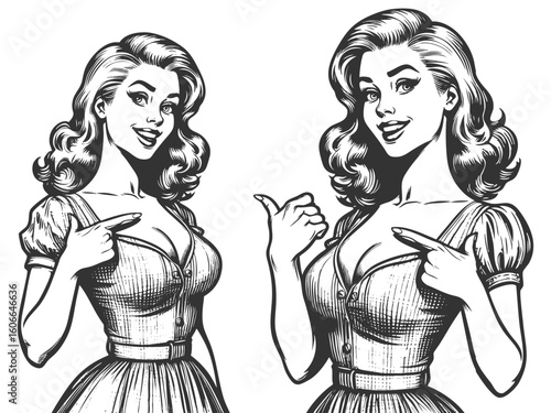 confident woman with voluminous hair pointing sideways, ideal for directing attention in designs sketch engraving generative ai fictional character vector illustration. Scratch board. Black and white.
