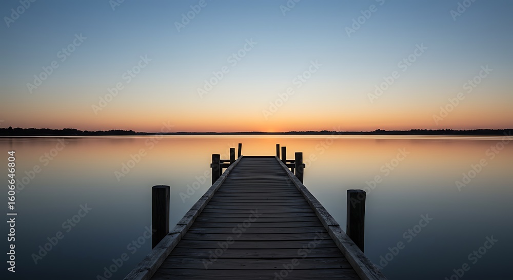 Obraz premium A wooden pier stretches into a tranquil lake, leading towards a vibrant sunset on the horizon, creating a serene and captivating waterscape under a colorful sky.