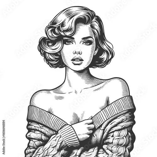 Woman in Sweater revealing shoulder sketch engraving generative ai fictional character vector illustration. Scratch board imitation. Black and white image.