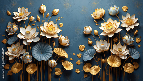 Luxurious botanical art featuring golden and white lotus flowers and pads on a serene blue background, 3D relief style.
