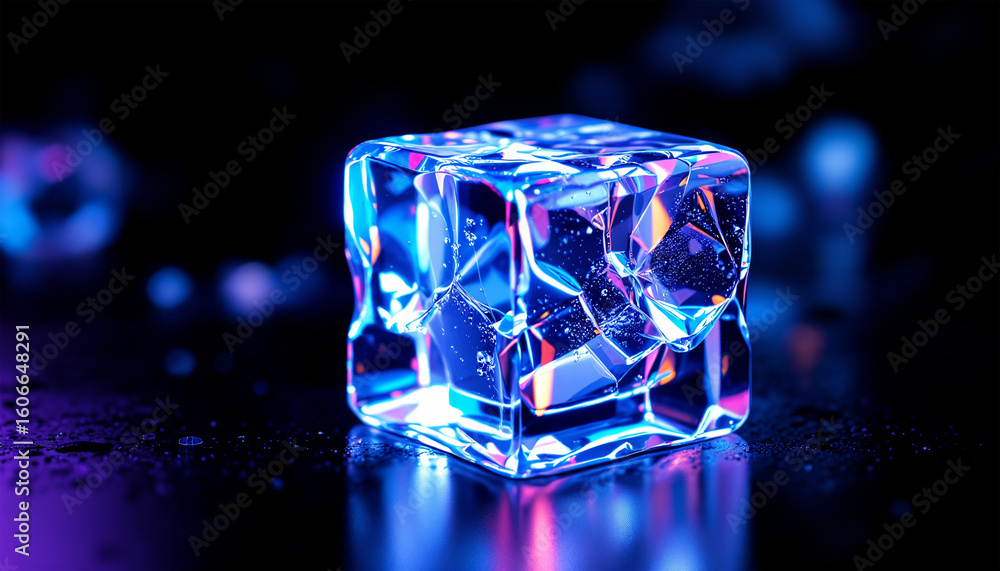 Single ice cube glowing with neon blue and pink lights on dark reflective surface Single ice cube glowing with neon blue and pink lights on dark reflective surface