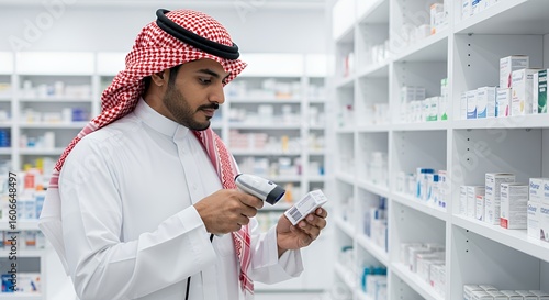 Pharmacist in Traditional Attire Scanning Medicine