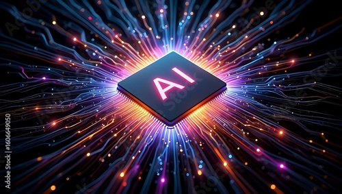 Glowing ai chip at the center of a neural network with bright energy bursts