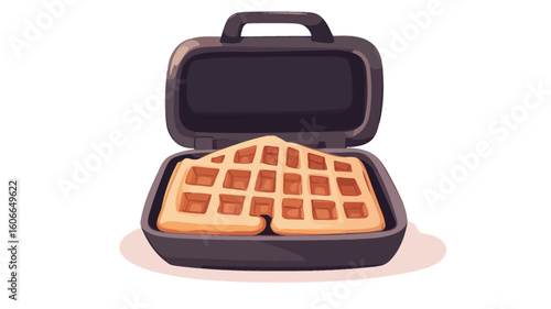 A digital illustration depicting a dark-grey waffle iron with a freshly made, golden-brown waffle inside. The waffle iron is open, showcasing the waffle's grid pattern and slightly browned edges.