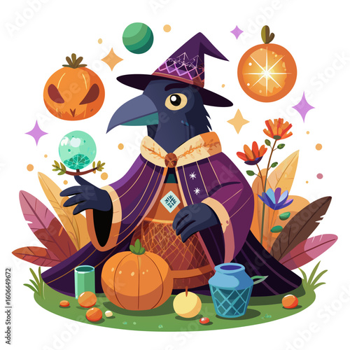 Whimsical raven wizard conjuring magic with pumpkins and potions for a festive Halloween season