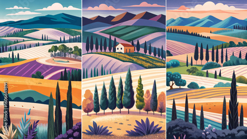Set of vector illustration banners showing Italian countryside hills with pine trees, cypresses, and warm sunrise light. Perfect for travel, rural, and scenic designs