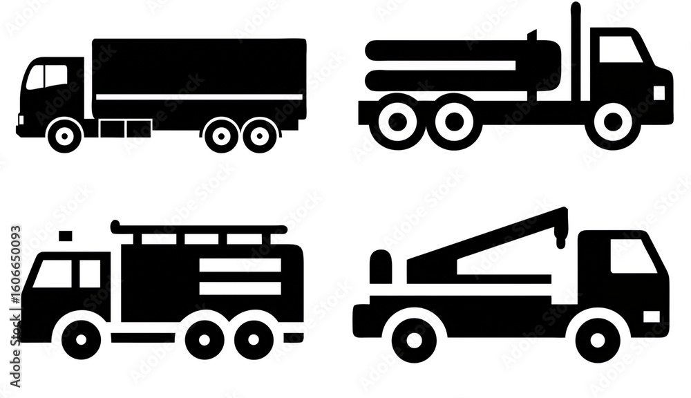 Four Black Silhouette Truck Icons: Delivery, Logging, Fire, and Crane Trucks; Simple, Bold Graphic Design; Industrial Mood. Four Black Silhouette Truck Icons: Delivery, Logging, Fire, and Crane Trucks; Simple, Bold Graphic Design; Industrial Mood.