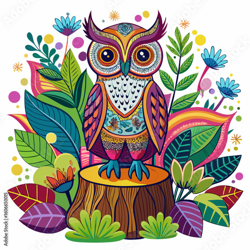 Whimsical owl illustration perched on a tree stump amidst colorful floral fantasy, vibrant and unique art