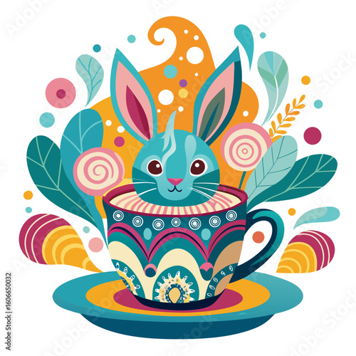 Whimsical bunny character in teacup design for delightful spring themes and children's book illustrations