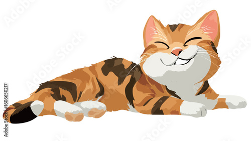A digital illustration of a cartoon orange tabby cat lying down. The cat has closed eyes, a wide smile, and is depicted in a playful and relaxed pose. The style is cartoonish with simplified