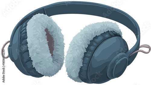 A digital illustration depicting a pair of blue earmuffs. The earmuffs have a dark teal or blue outer shell and a light blue, fluffy faux fur lining that covers the inside of the ear cups. 