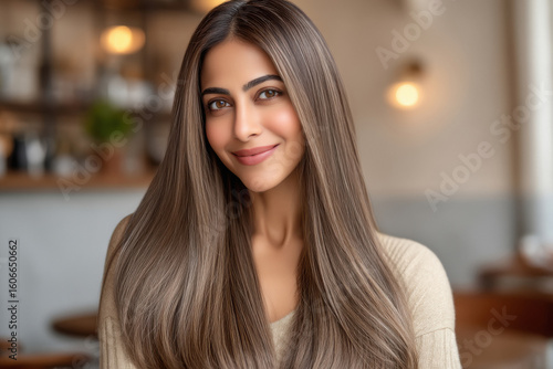 young indian woman standing with long brown hair