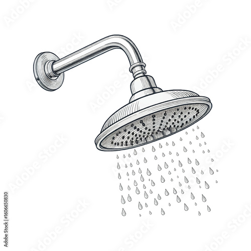 Artistic Shower Head Illustration with Flowing Water Drops Creating a Serene and Refreshing Visual Experience Evoking Cleanliness